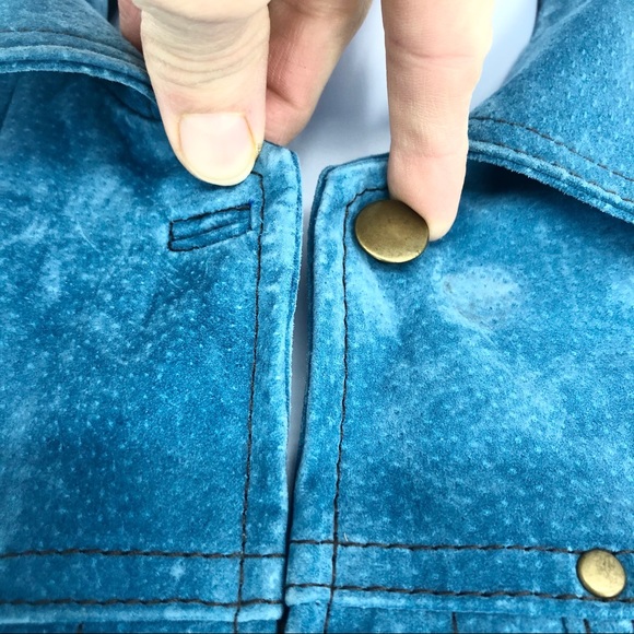 AMI Small Turquoise Blue 100% Leather Washable Suede Full Zip Collar Jacket NWT - Picture 4 of 8